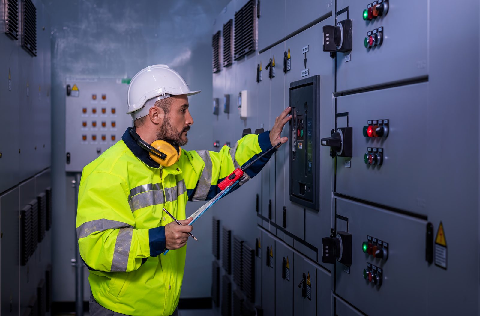 Electrical engineers reviewing panel work — the environment NFPA 70E training is built for